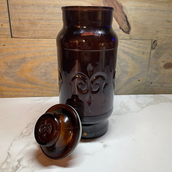 Dark Amber Glass with Lid Fleur-De-Lis Design Borden Apothecary Jar Cremora - Picture 2 of 7